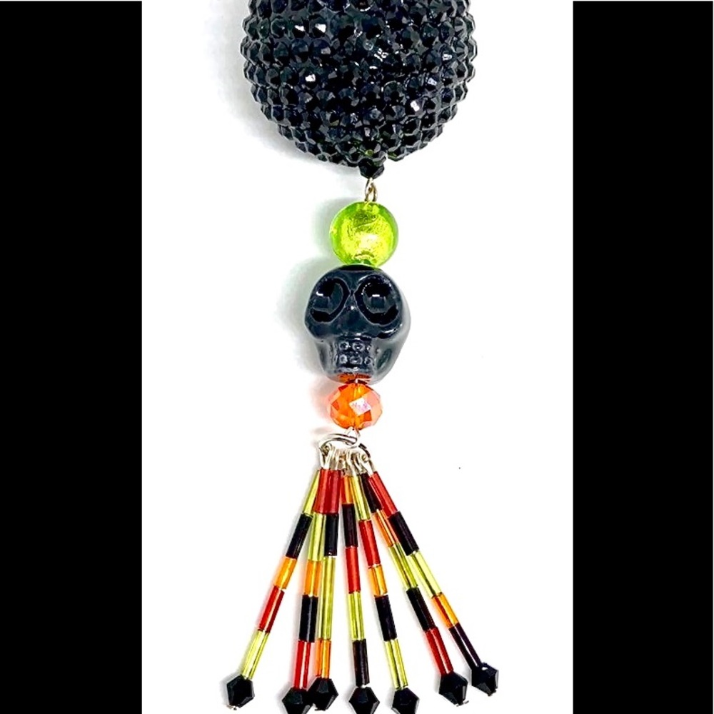 Halloween Black Shambala Skull Fringed Ornament 5”